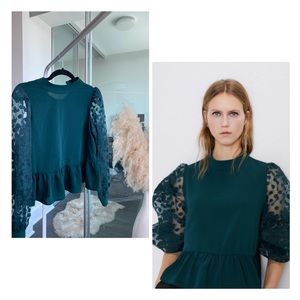 Zara Green Balloon Sleeve Poplin Top
